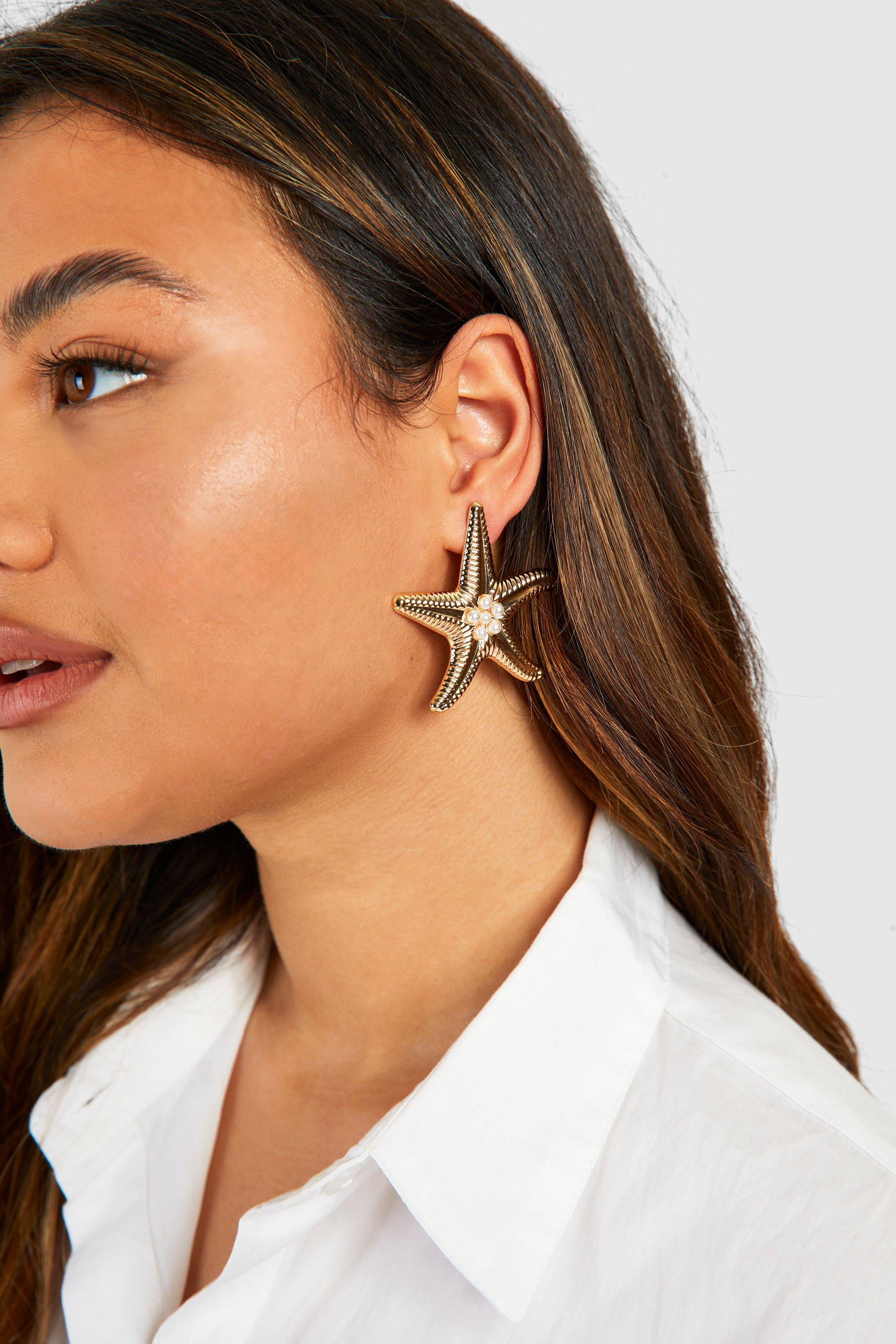 Statement Pearl Detail Starfish Earrings, Metallics