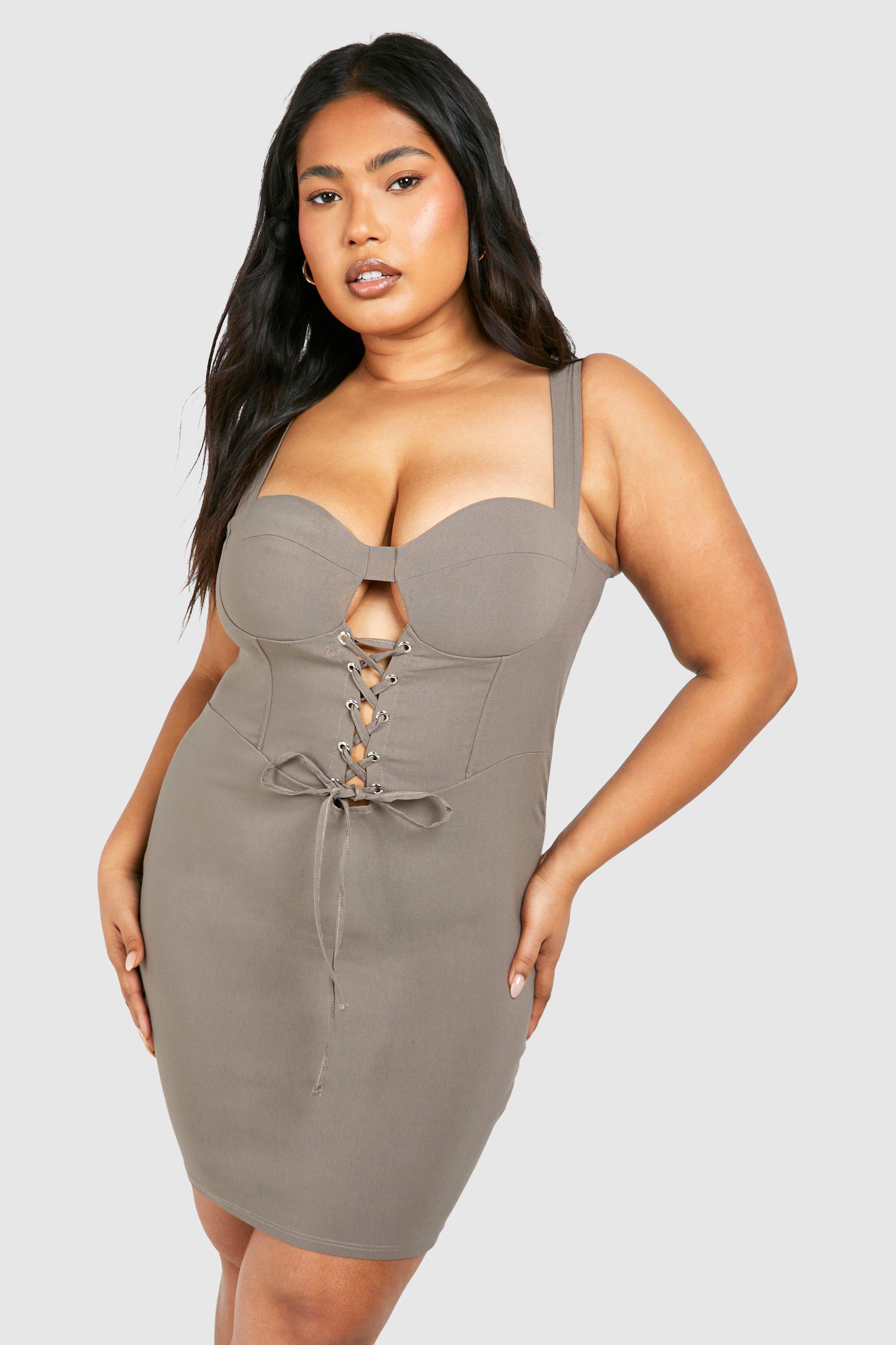 Plus Bengaline Lace Up Bodycon Dress, Beige