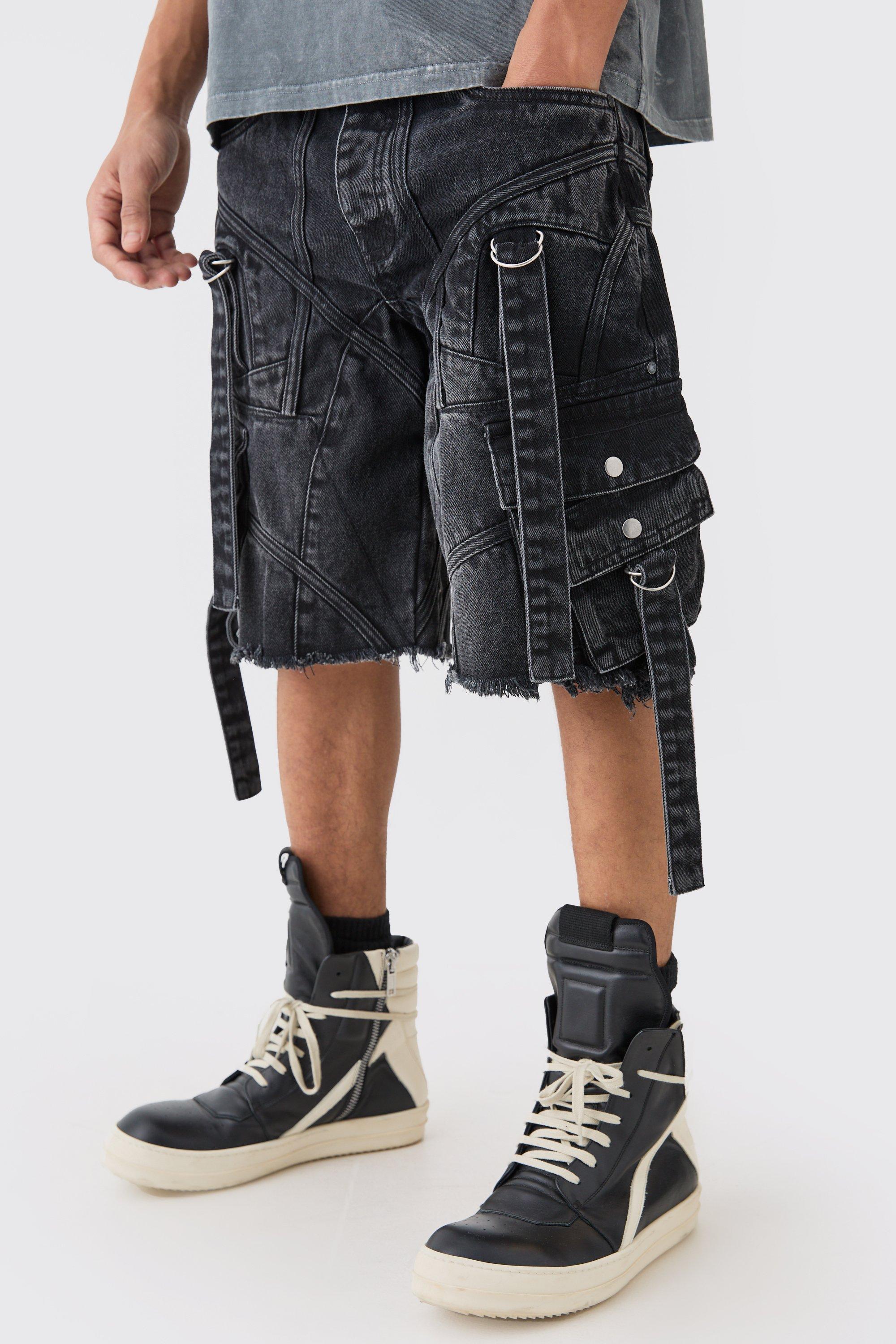 Oversized Strap And Buckle Detail Denim Jorts, Nero