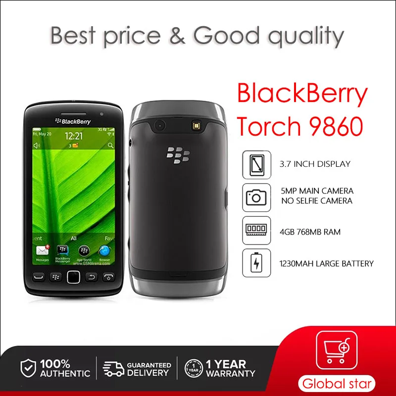 Blackberry Torch 9860 Cellulare Sbloccato Originale Ricondizionato 768Mb + 4Gb 5Mp Fotocamera Spedizione Gratuita