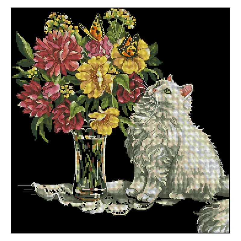 Amishop Gold Collection Lovely Conted Cross Stitch Kit Cat And Flowers Dim 35180 Kitten Kitty Flower Bouquet