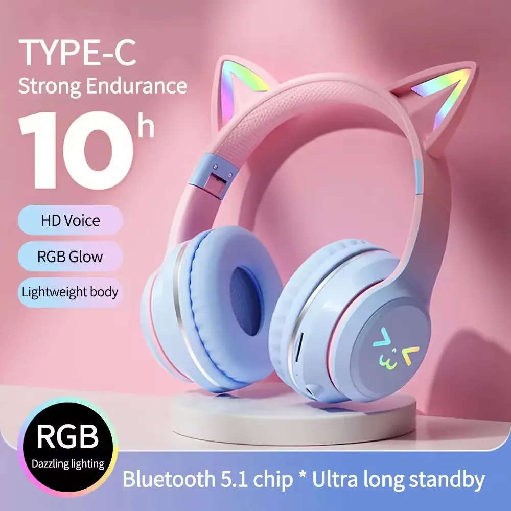 Tws Flash Light Cute Cat Ears Cuffie Wireless Con Controllo Del Microfono Led Kid Girl Stereo Music Helmet Phone Auricolare Bluetooth Regalo