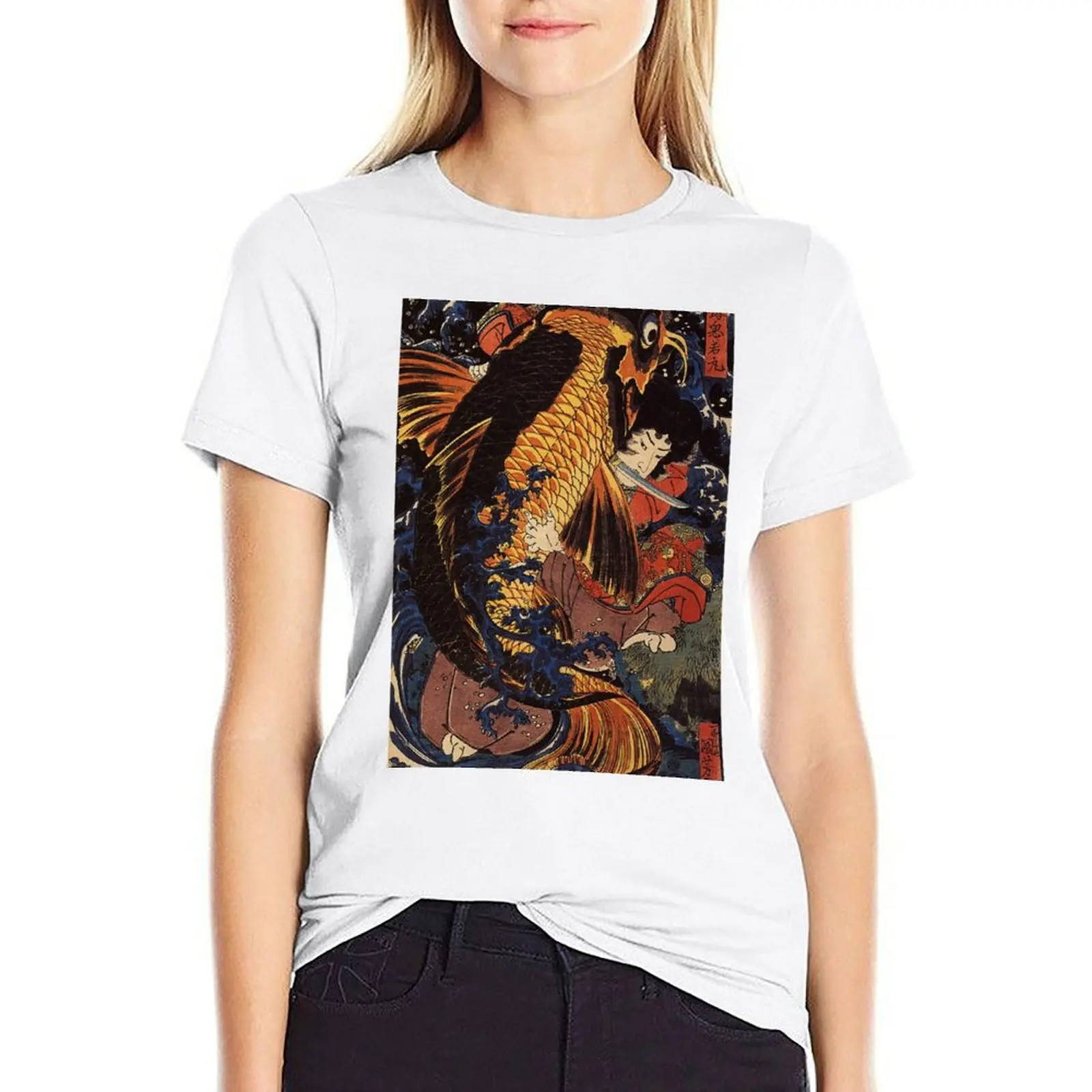 Giapponese Ukiyo-E Woodblock Print: Saito Oniwakamaru (Young Benkei) Che Combatte La Carpa Gigante Di Utagawa Kuniyoshi T-Shirt