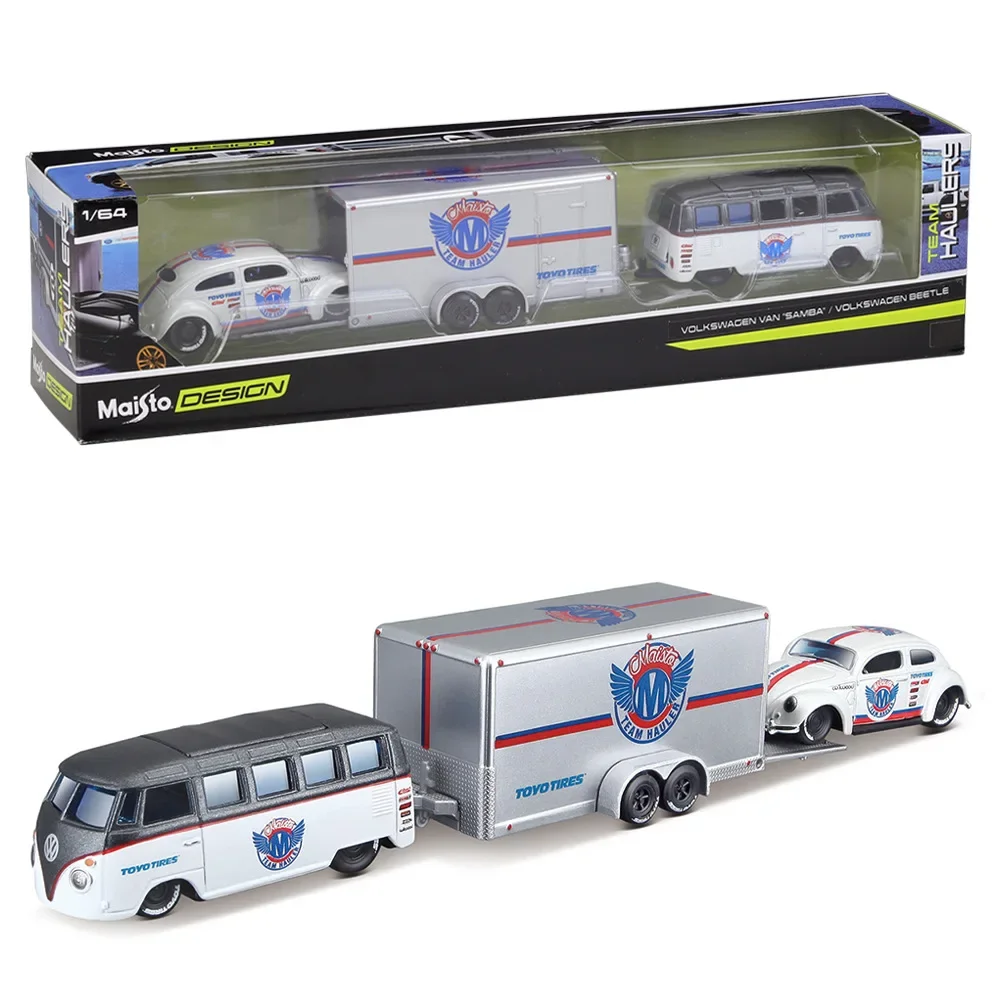 Maisto 1:64 Volkswagen Van Samba/Volkswagen Beetle Series Trailer Transport Trailer Set Lega Diecast Car Model Toy Gifts B514