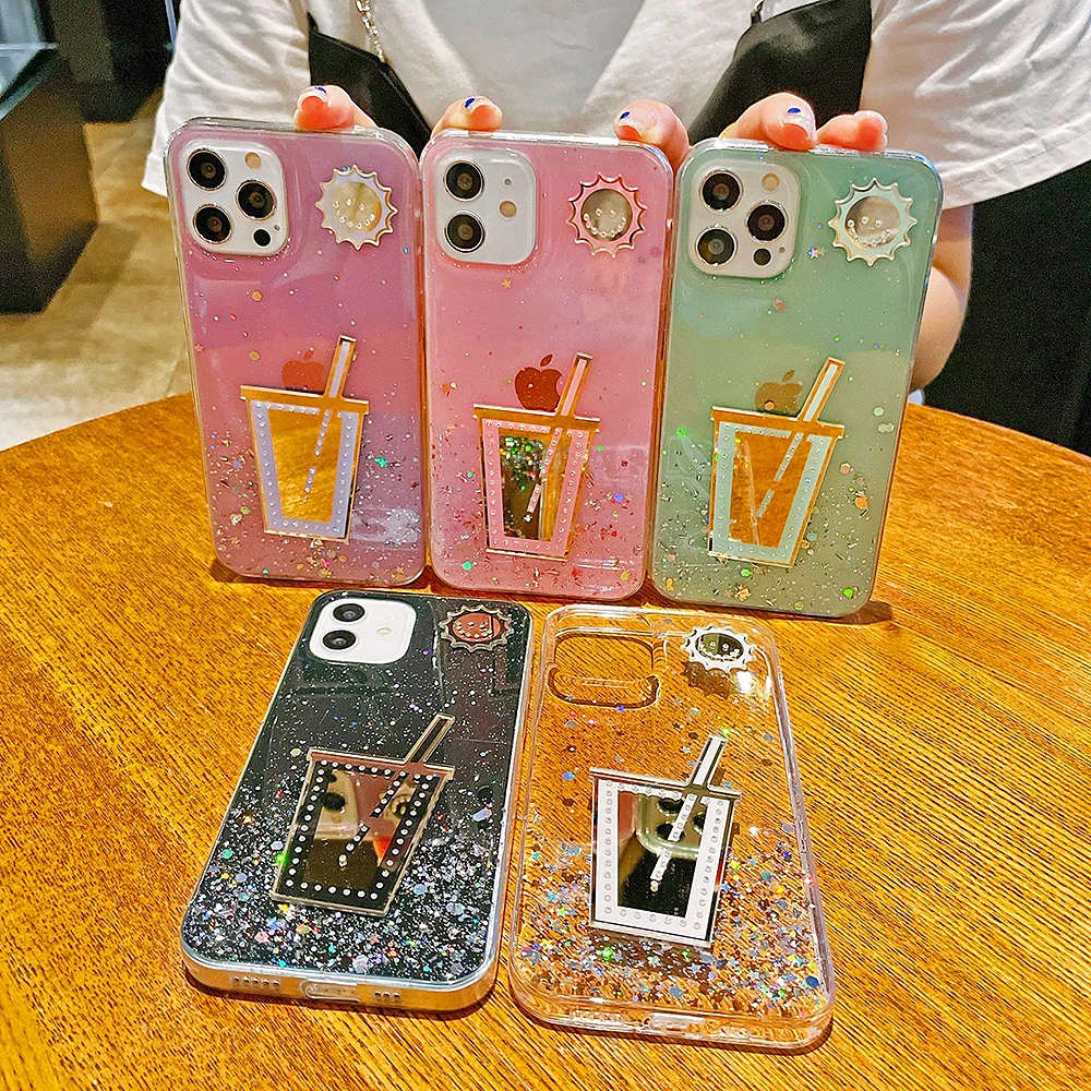 Starry Sky Gradient Gold Foil Tea Cup Mirror Phone Case Lens Cover Protettiva Per Iphone 15 14 13 12 11 Pro Max X Xs Xr 7 8 Plus