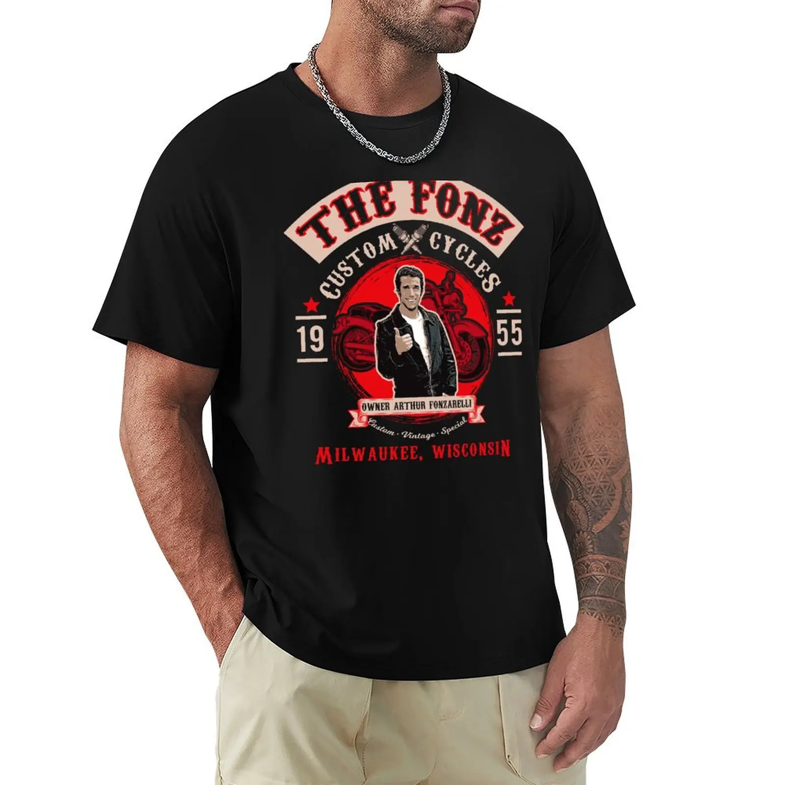 Fonzy Custom Cycle Shop T-Shirt Ragazzi Bianchi Vestiti Estetici Magliette Oversize Per Uomo