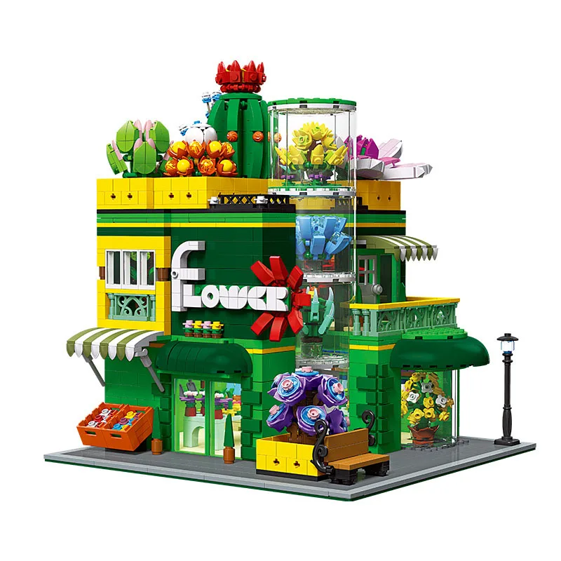 Creative City Street View Architettura Flower Bonsai Shop Block Succulente Piante In Vaso Casa Giocattolo Da Costruzione In Mattoni Con Luce