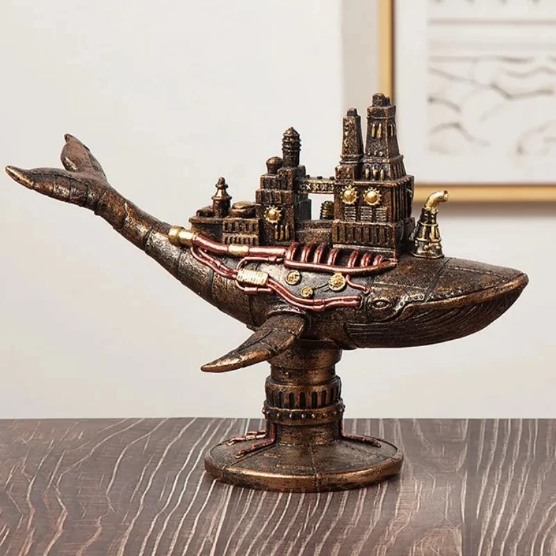 Resina Retro American Steam Punk Whale Boat Steampunk Figurine Interni Home Office Desktop Decor Object Accessories