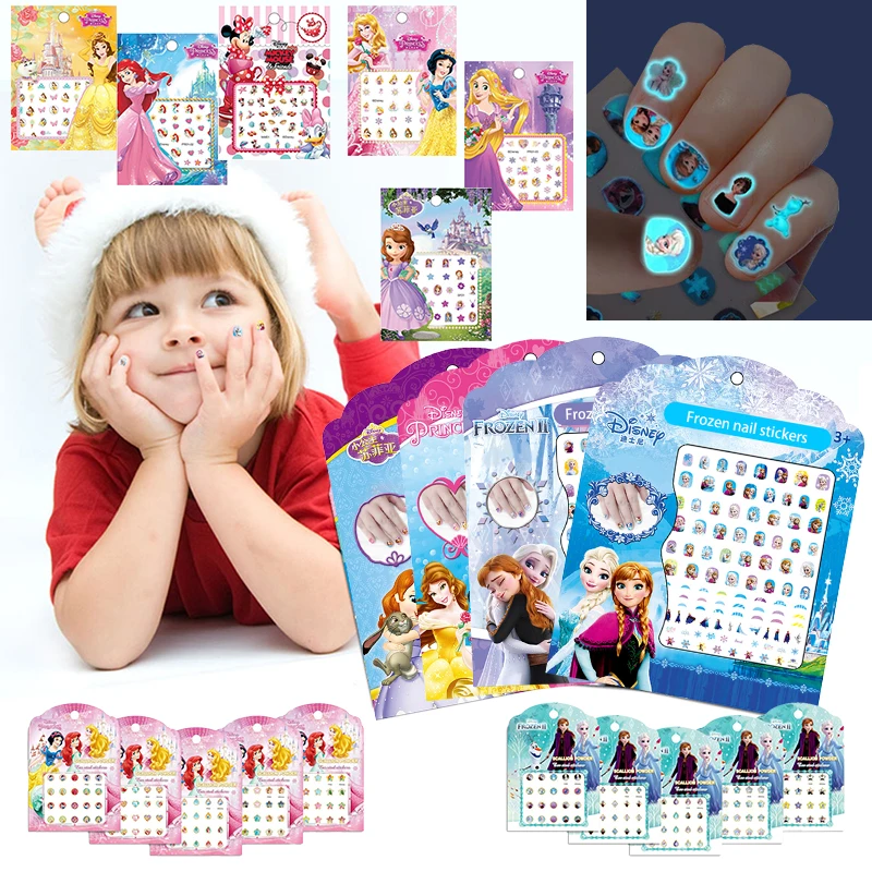 Casuale 1 Pz Disney Luminous Night Cartoon Frozen Princess Sofia Bell Snow White Nail Stickers Minnie Mickey Stickers Regali Per Bambini