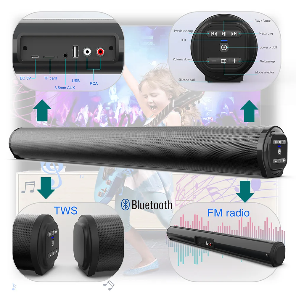 40W Tv Sound Bar Wireless Bluetooth Altoparlante Colonna Subwoofer Wireless Home Theater 3D Surround Sound Con Radio Fm Per Computer