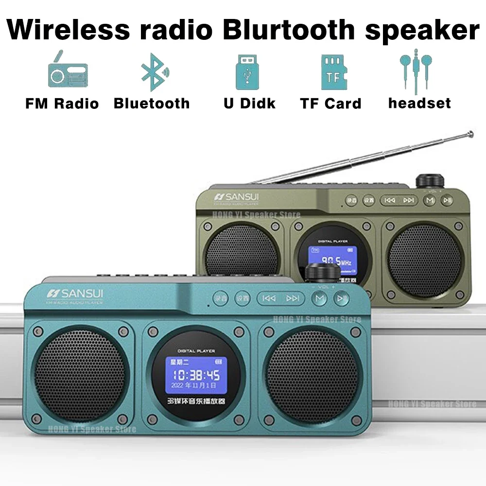 Nuovo Sansui F28 Retro Radio Altoparlante Bluetooth Wireless Subwoofer Stereo Portatile Mini Plug In Walkman Clock Alarm Music Player