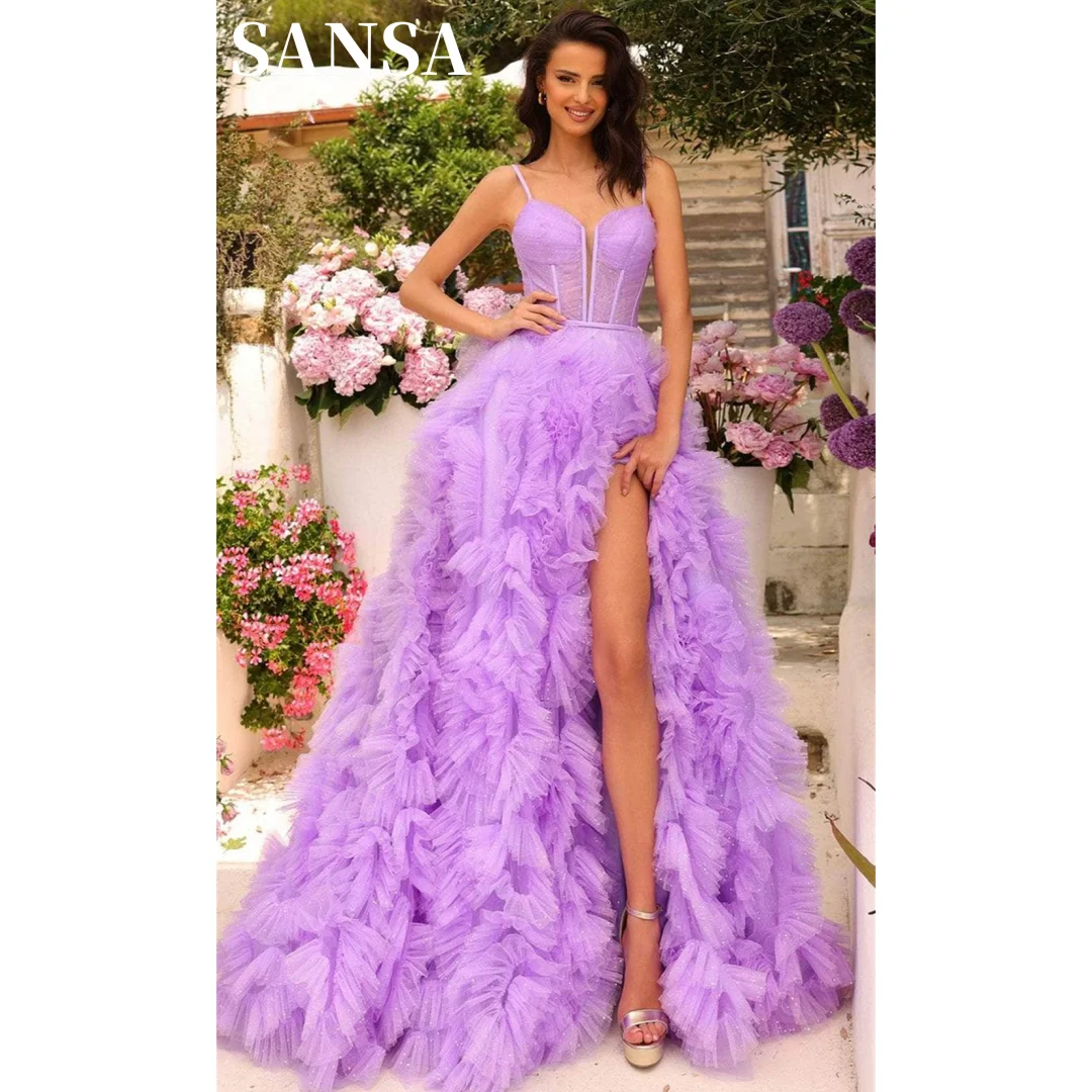 Sansa Spaghetti Strap Muslimlimexayer Tulle Vestidos De Noche Elegante Senza Maniche Sexy Side Split Prom Dresses 2024