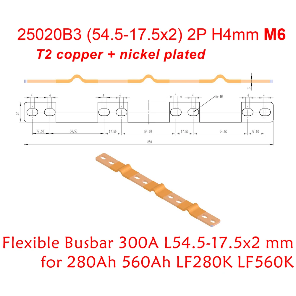 Sbarra Flessibile 300A 2P Per 100Ah 200Ah 280Ah 320Ah 340Ah 3.2V Batteria Lifepo4 Parti Di Contatto Pcak Barra Collettrice In Rame Piatto Laminato