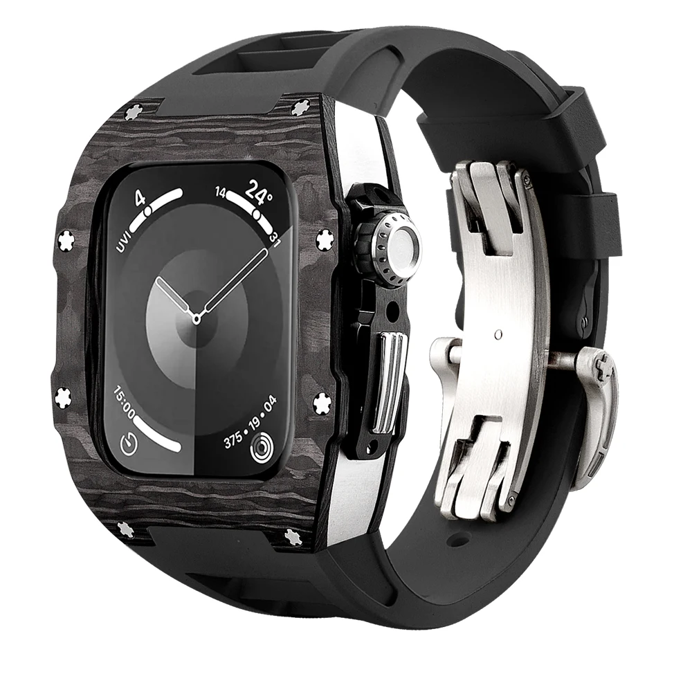 Custodia In Fibra Di Carbonio Per Kit Di Modifica Apple Watch Kit Mod Per I Watch Series Se 9/8/7/6/5/4 44/45Mm Accessori Cinturino Nero