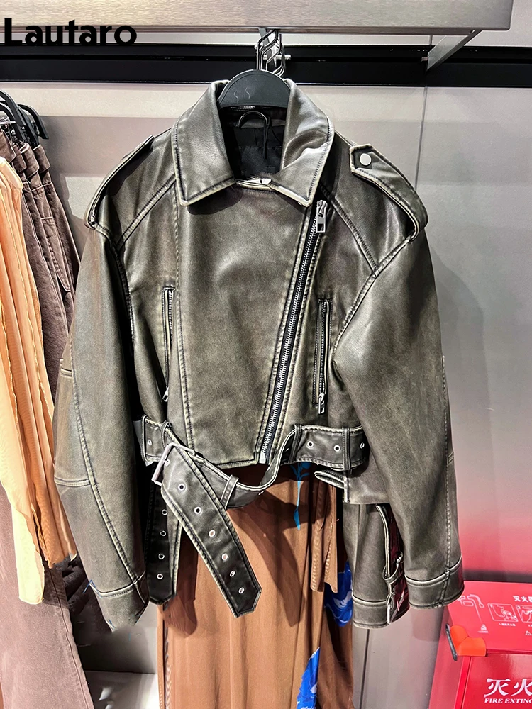 Lautaro Primavera Autunno Cool Short Loose Pu Leather Biker Jacket Women Zipper Blet Retro Female European Fashion Streetwear 2023
