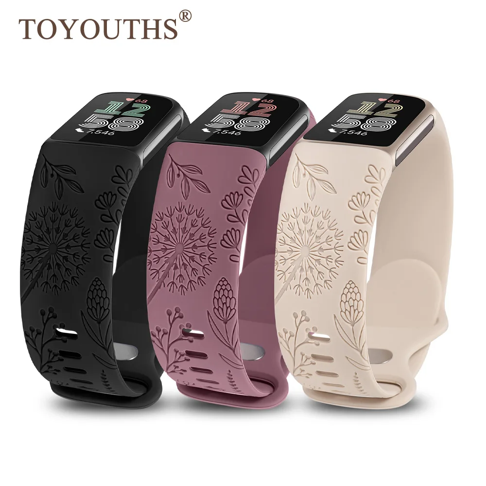 Toyears 3 Confezioni Cinturino Per Orologio Con Incisione Floreale Per Fitbit Charge 6/Fitbit Charge 5 Sport Solo Loop Strap Per Fitbit Charge 5