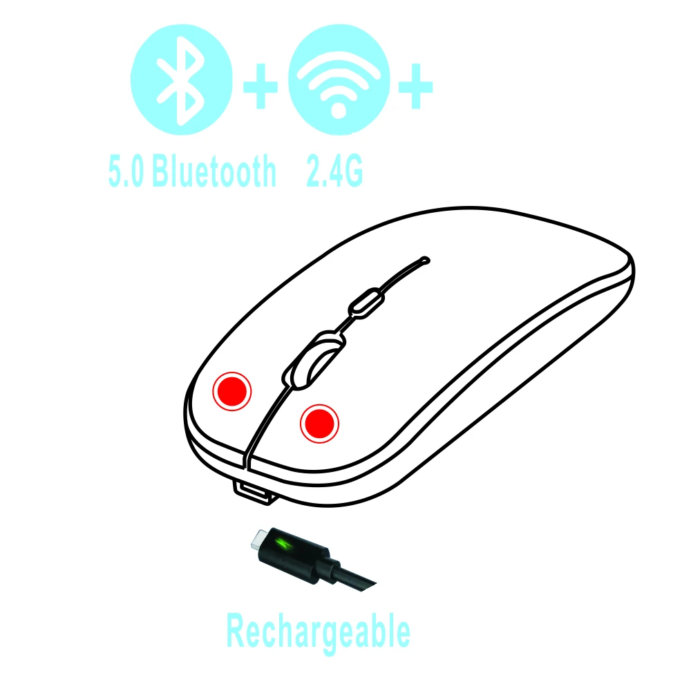 Mouse Bluetooth Wireless + 2.4 Usb Ricaricabile Dual Mode 5.1 Bt Silent Computer Gaming Mouse Ergonomico Per Pc Portatili