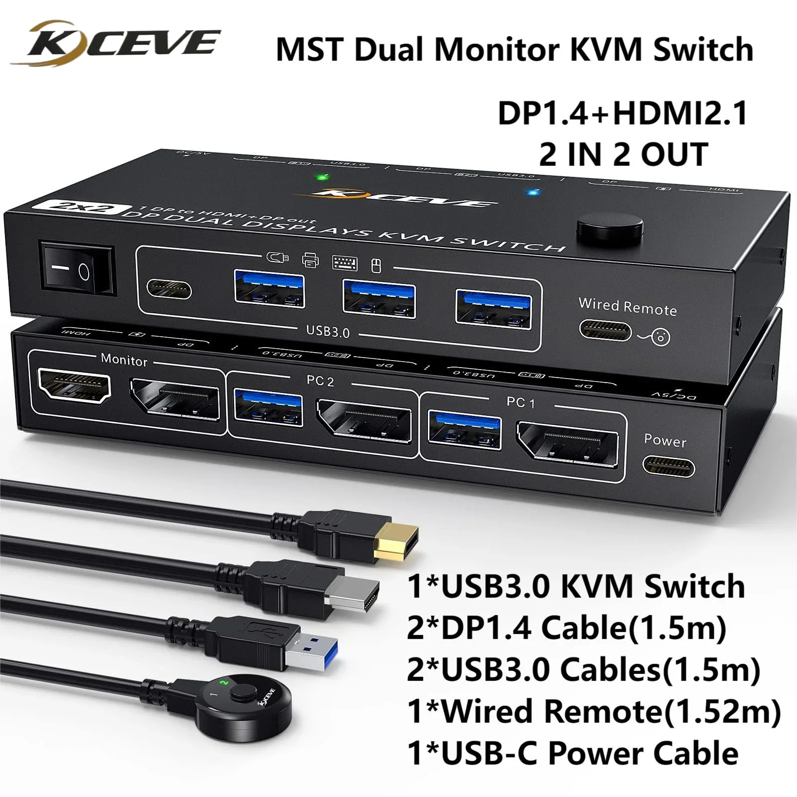 Mst Displayport Switch Kvm 2 Monitor 2 Computer 4K @ 144Hz,(1 Dp In,Dp + Hdmi Out), Switch Kvm Doppio Monitor Dp 1.4 Con 4 Usb 3.0