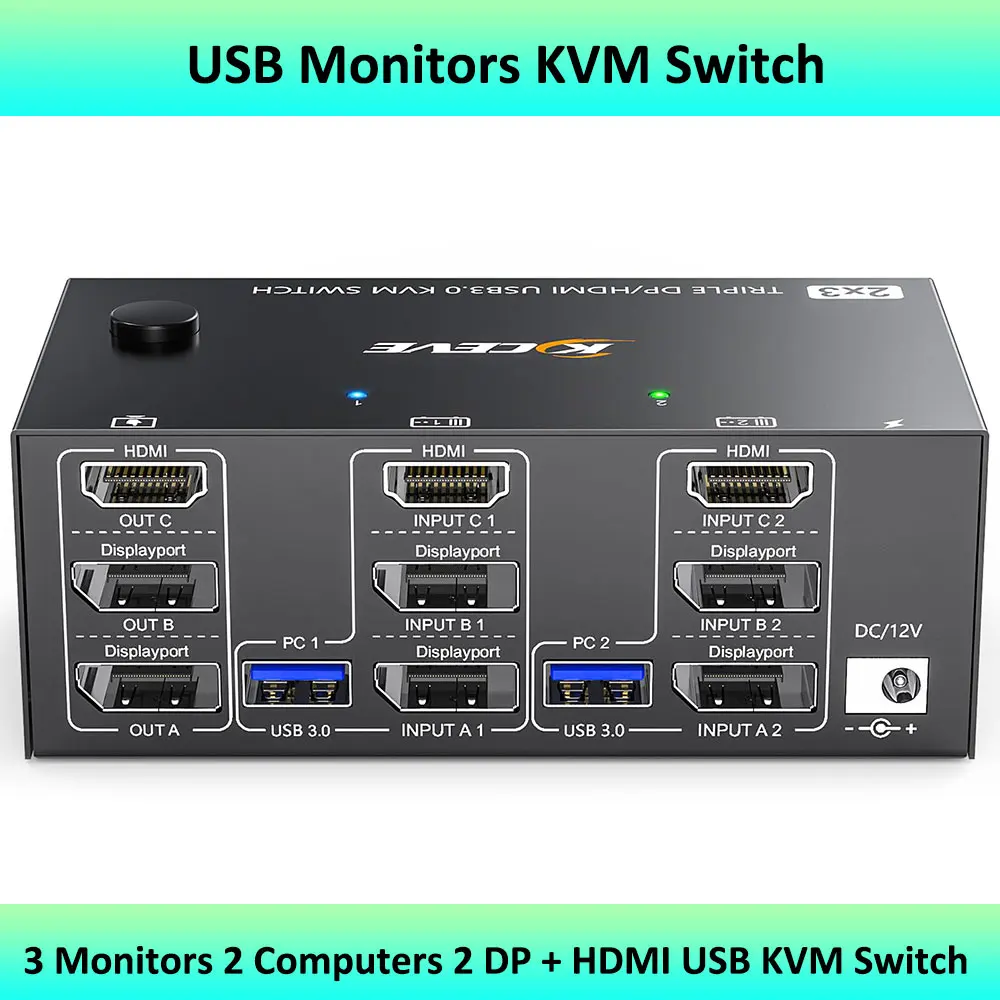 Monitor Usb Switch Kvm 3 Monitor 2 Computer 8K @ 60Hz 4K @ 144Hz, Switch Displayport Hdmi + 2 Monitor Triplo Per 2 Condivisione Computer