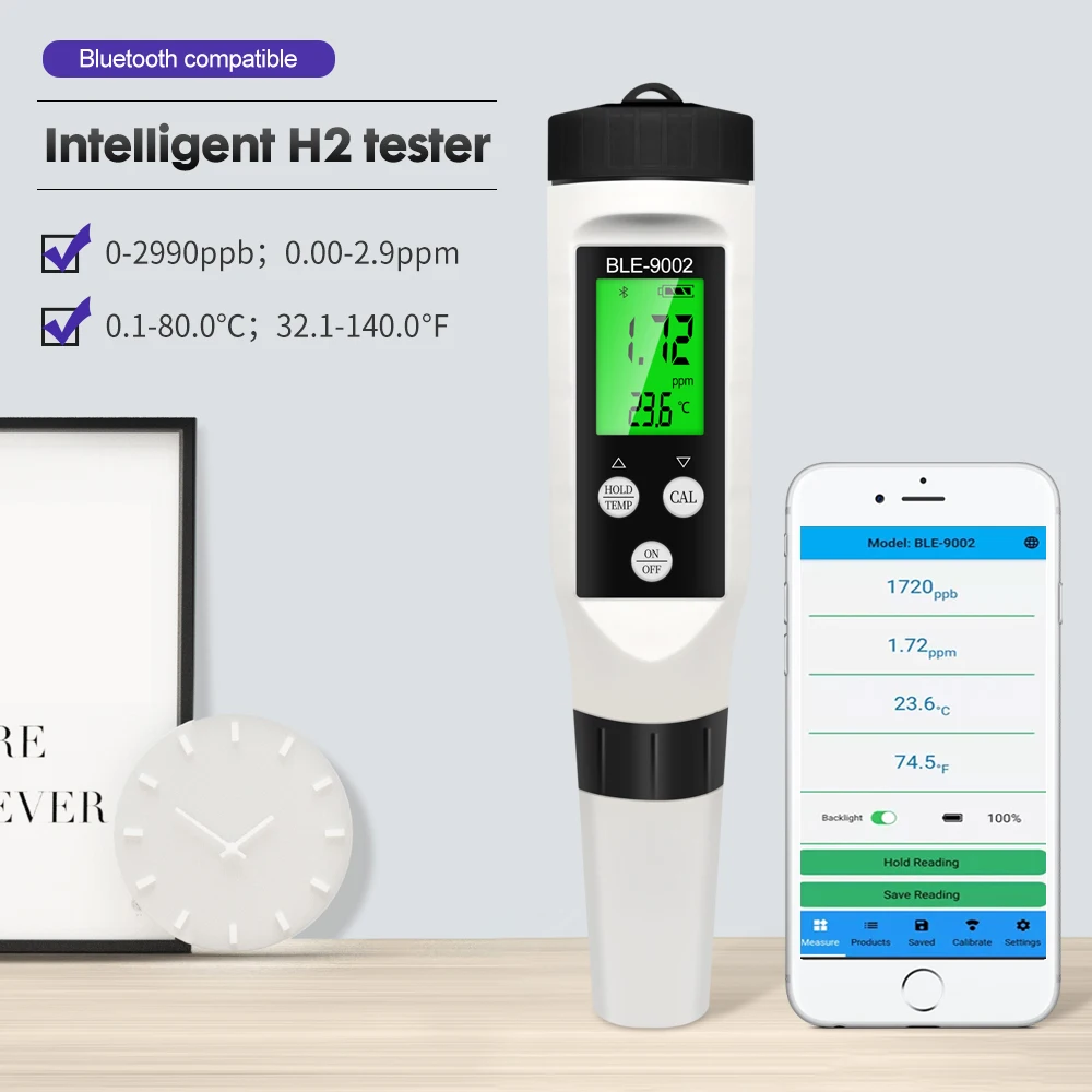 Analizzatore Di Qualità Dell'Acqua Di Calibrazione Automatica Ppb 0-2990 Ppb Del Tester H2 Compatibile Con I Denti Blu Per Acqua Ricca Di Idrogeno