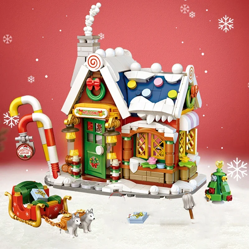 Mini Building Block Christmas House Set Diy City Street View House Slitta Ornamenti Assemblati Regalo Giocattolo Educativo Per Bambini