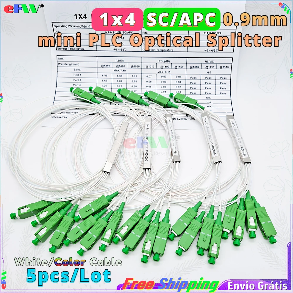 5Pcs Ftth 1X4 Sc-Apc Mini 0.9Mm Plc Splitter Fiber Optical Splitter Colored Fiber 1*4 Fbt Optical Coupler Sc/Apc 1 To 4 Splitter
