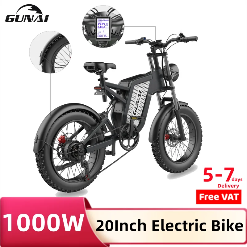 Gunai Electric Ebikes 1000W Motore Brushless 20 Pollici Fat Tire Adulto 200Kg Carico 7 Velocità 48V 25Ah Batteria Fuoristrada Mountain Bike