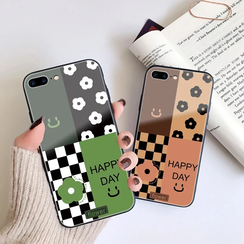 Per Samsung A31 A21 S A51 A71 A73 A53 A23 Federa Sorriso Chequer Fiore Duro Della Copertura Di Vetro Per Samsung A33 A70 A13 A32 A30S A72 A50