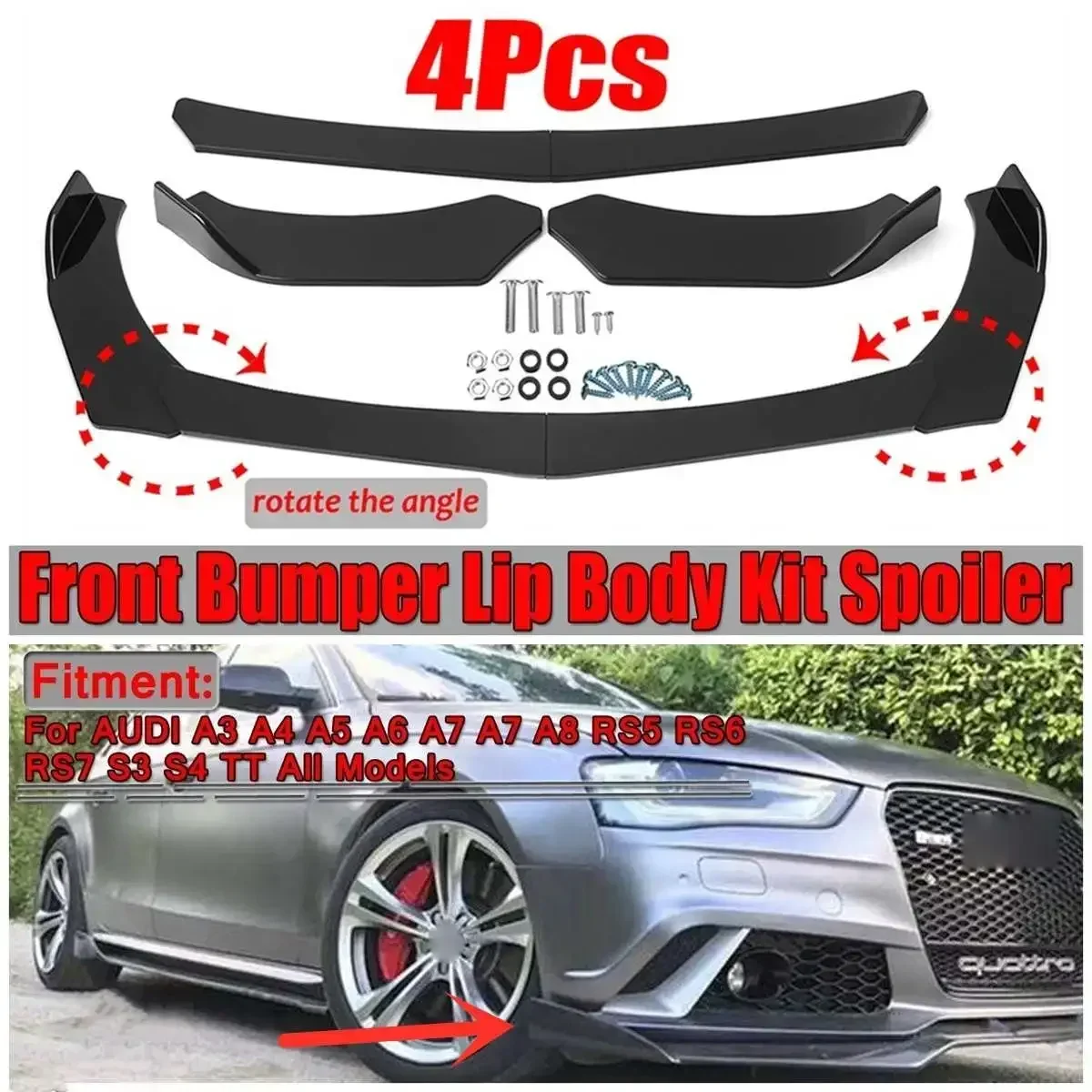 4Pcs Car Front Bumper Splitter Lip Body Kit Spoiler Protector Cover Lip Per Audi A3 A4 A5 A6 A7 A7 A8 Q3 Q5 Q7 Rs5 Rs6