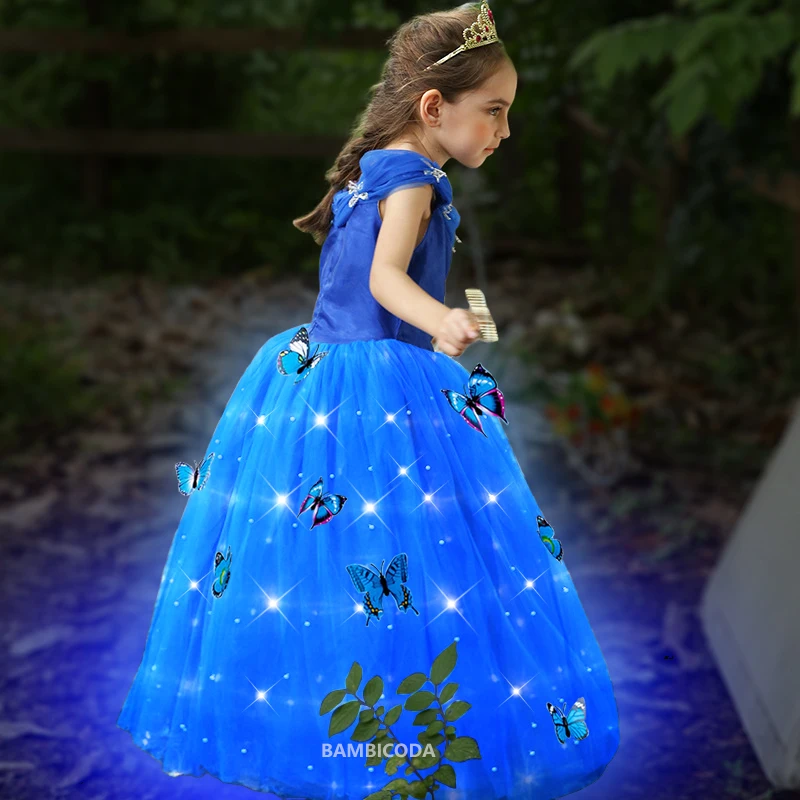 2024 Ragazze Cenerentola Princess Led Light Up Dress Per La Festa Di Compleanno Di Natale Cosplay Kids Fancy Blue Ball Gown Girl Costume