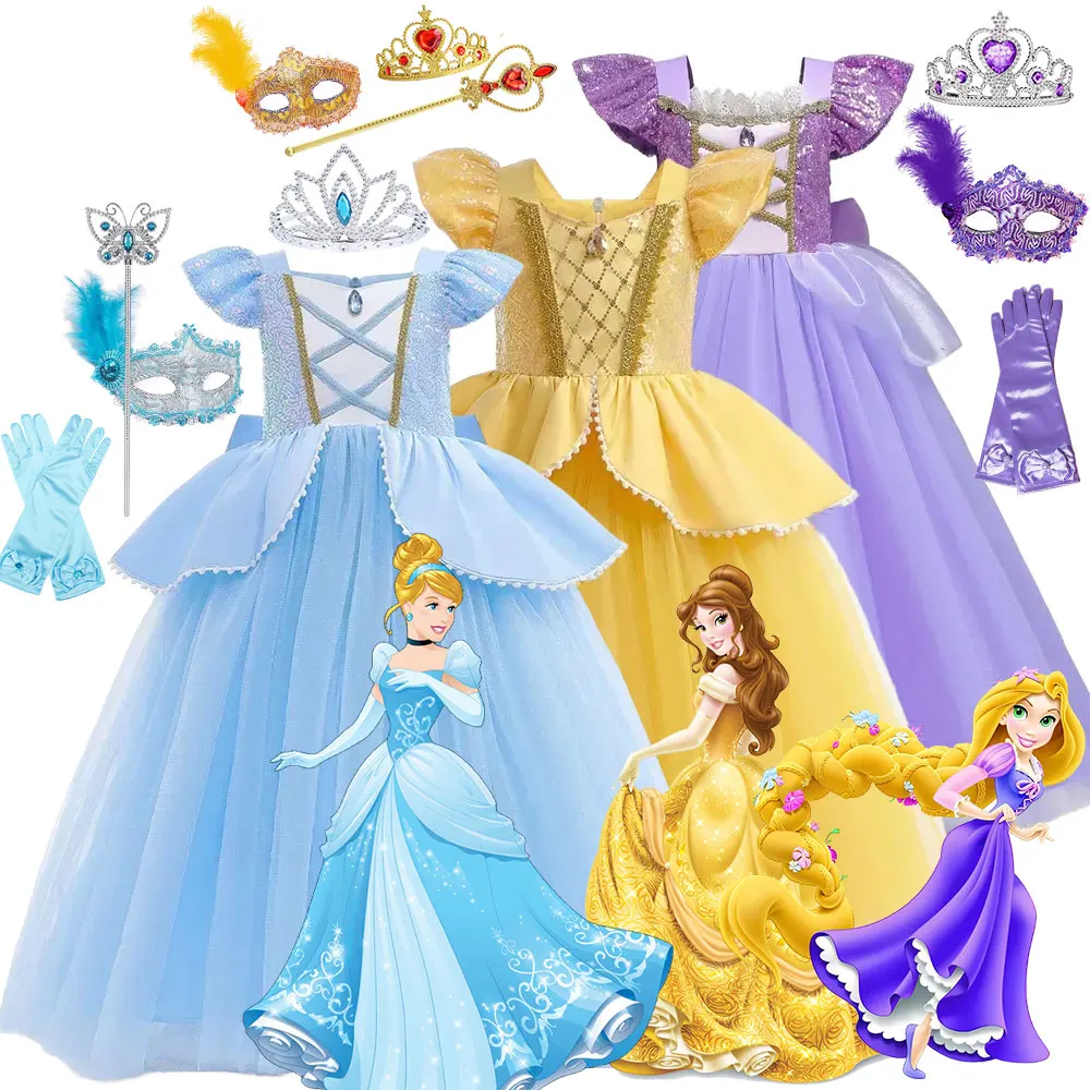 Ragazze Cenerentola Ball Gown Summer Rapunzel Dress Disney Trip Cosplay Beauty And Beast Belle Costume Halloween Princess Frock