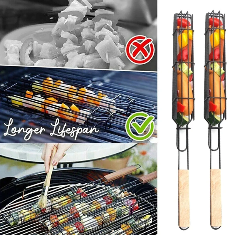Hot Yo-2Pcs Portatile Kabob Bbq Grilling Basket Grill Basket Tools Campeggio Antiscivolo Barbecue Grill Mesh Accessori Per Utensili Da Cucina