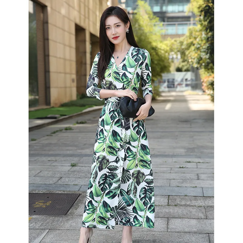 Pg Dvf2024 Estate Nuovo Vestito Avvolgente Francese Elegante Stampa Verde Un Colore Scollo A V Tea Break Dress