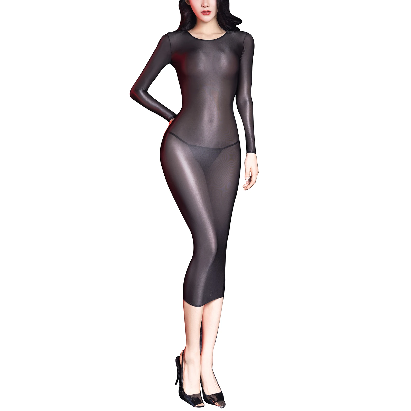 See Through Dress Ladies Trasparente Sexy Manica Lunga Maxi Dress Bodycon Lingerie Party Dress Stretch Women Rave Party Outfits