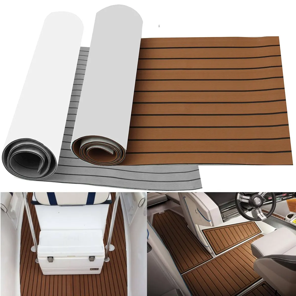 2400 X600X 6/5Mm Eva Foam Faux Teak Boat Deck Mat Brown Decking Sheet Yacht Flooring Tappetino Antiscivolo Tappetino Autoadesivo Per Veicoli