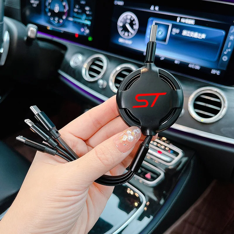Auto 3 In 1 Micro Cavo Dati Retrattile Usb Tipo C 100W Ricarica Rapida Per St Logo Ford Focus Mondeo Fiesta Kuga Mk2 Mk3