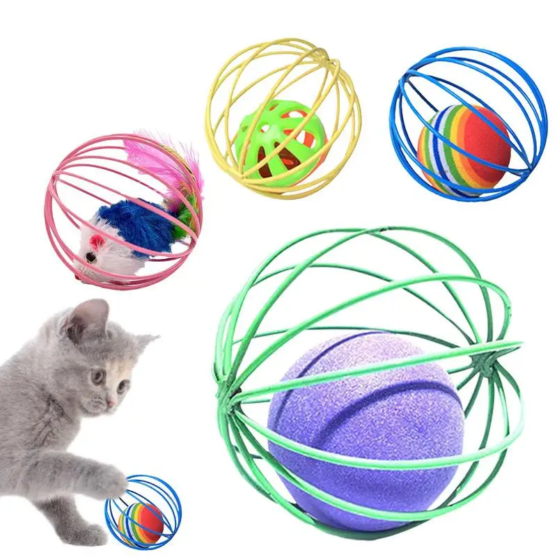 Mouse Cats Ball 4Pcs Cage Mouse Cat Ball Toys Creative Rainbow Ball Kitten Pet Toy Balls For Indoor Outdoor Kitten Cats Playtime