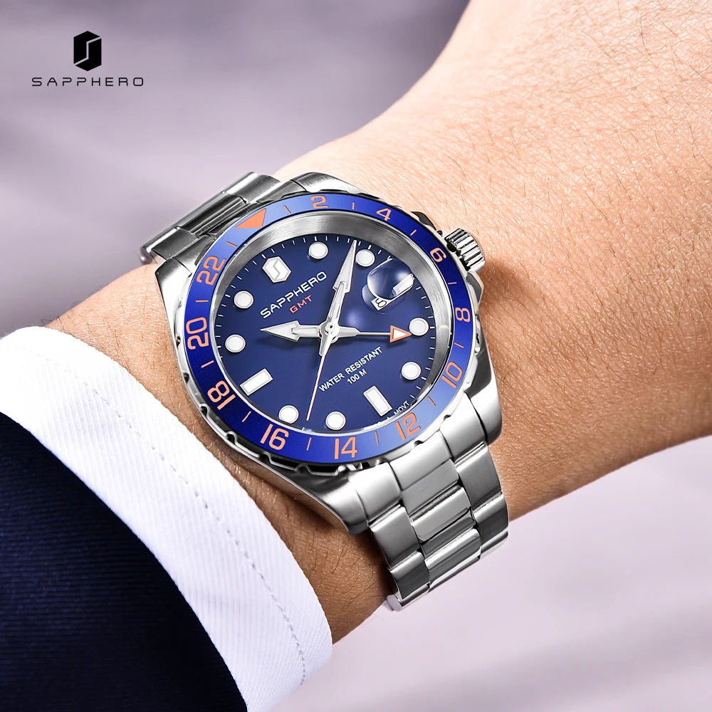 Sapphero Classic Men Watch Luxury Gmt Swiss Movement Acciaio Inossidabile 10Atm Orologio Da Polso Impermeabile Con Data Per Uomo