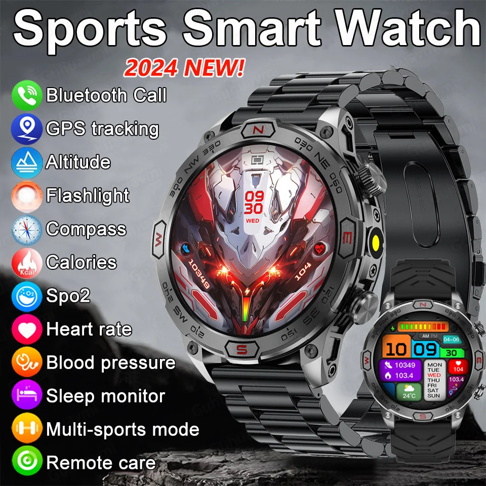 2024 New Rugged Military Gps Track Smart Watch Men Heart Rate Compass Bluetooth Call Ip68Smartwatch Impermeabile Per Huawei Xiaomi
