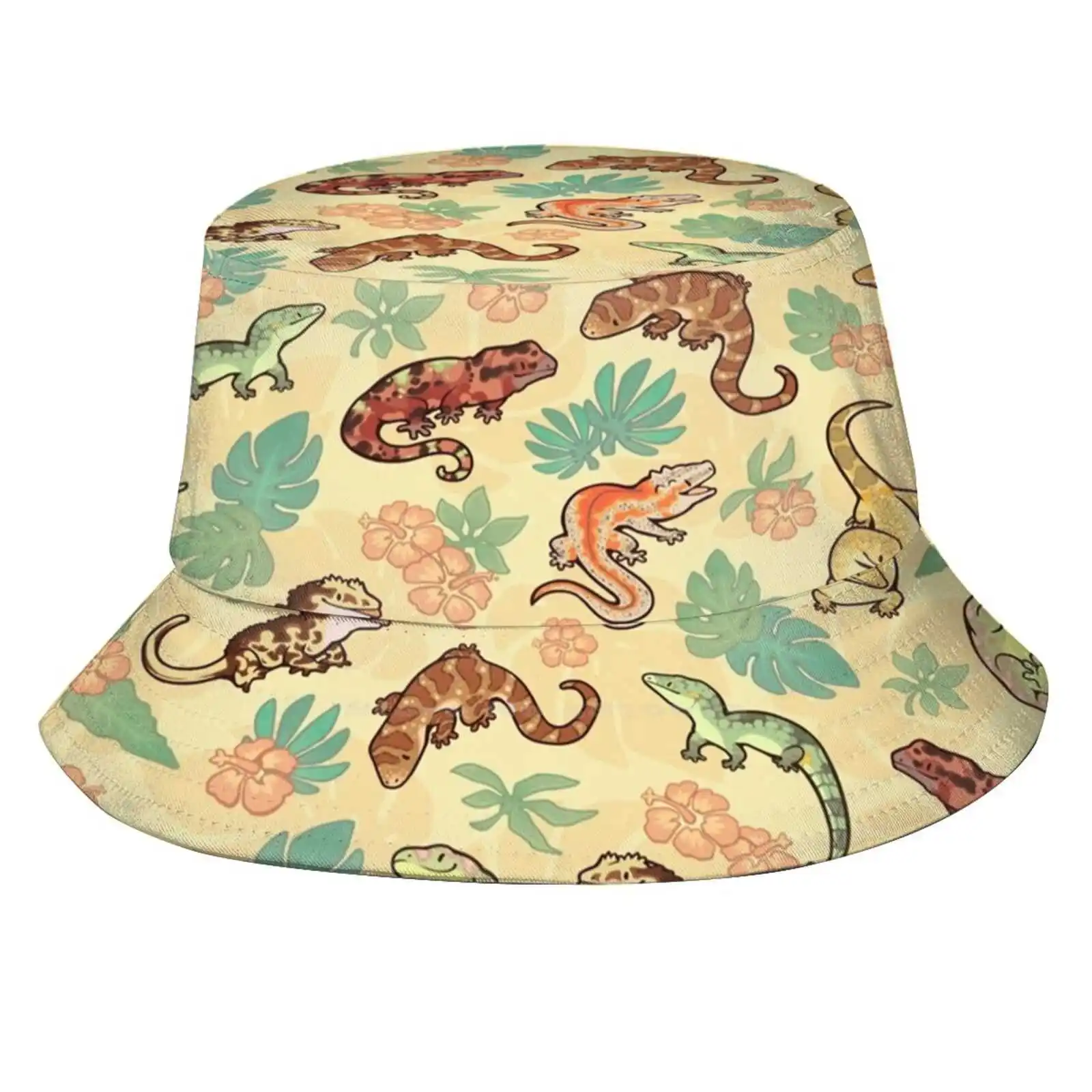 Gecko Family In Yellow Print Bucket Hats Sun Cap Geckos Crested Gecko Gargoyle Gecko Leachie Chahoua Pattern Giallo