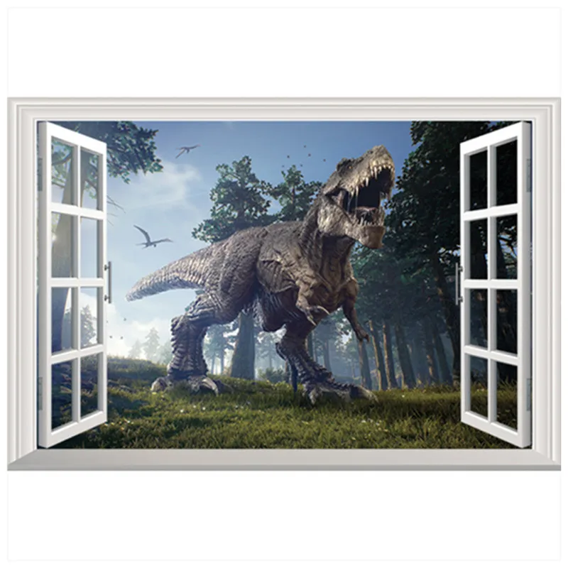 Finestra Finta Esterna Jurassic Animal World Dinosaur 3D Vinyl Wall Stickers Decorazione Della Stanza Dei Bambini Anime Poster Cartoon Wallpaper