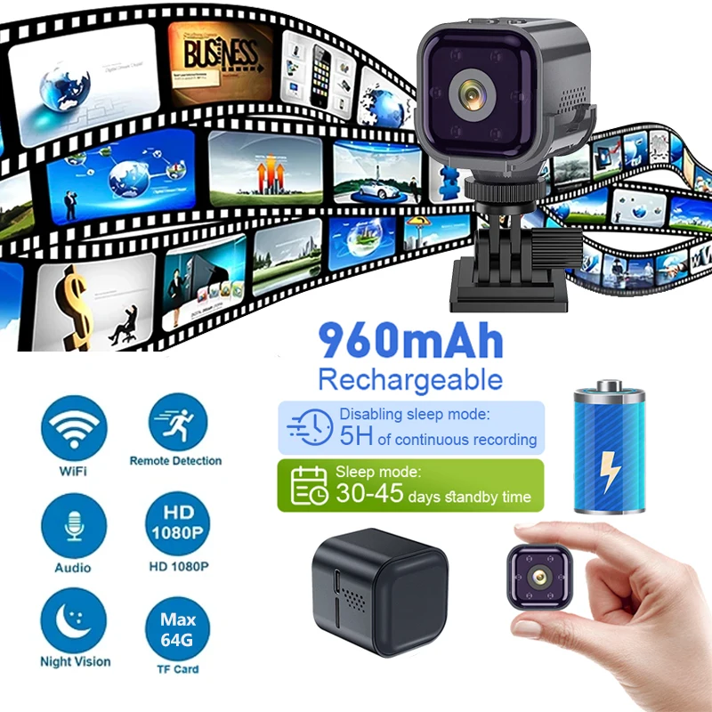 As03 Mini Camera Full Hd 1080P Smart Wifi Recorder Motion Detection Alert Push Ir Night Vision Home Security Cam Built-In 960Mah