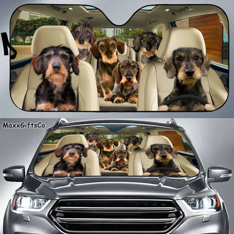 Wirehaired Dachshund Car Sun Shade,Dogs Windshield,Dogs Family Sunshade,Dog Car Accessories,Car Decoration,Gift For Dad