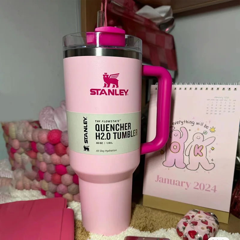 Stanley Cup Flamingo Pink 40Oz Bottiglia D'Acqua Thermos Tumbler Mug Quencher Vacuum Flask Drinkware Thermal Original Coffee Tea 1.2L