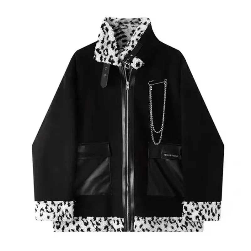 Winter Goth Punk Coat Donna Due Side Wear Leopard Lambswool Jacket Moto Streetwear Stand Buttton Collar Zipper Outwear Top