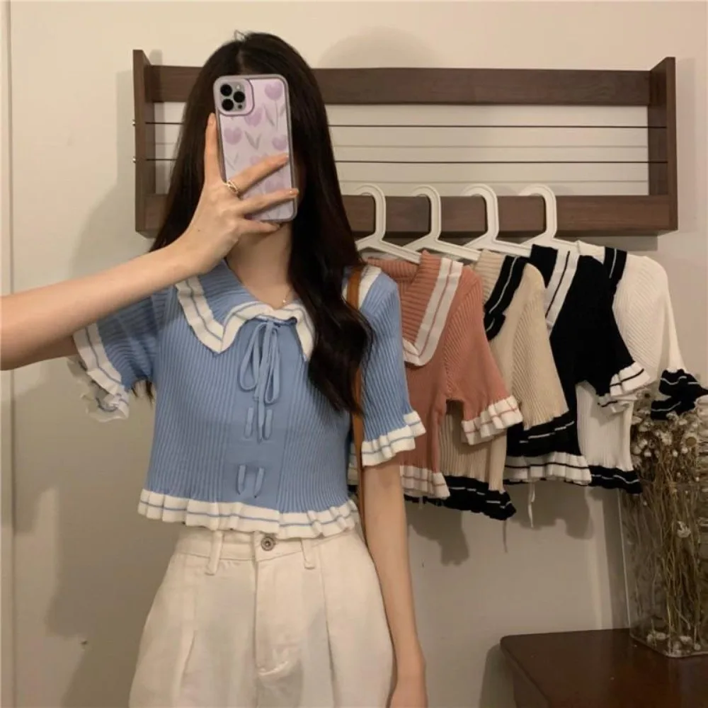 Nuovo Design Crop Top Carino Maniche Corte Ruffles Top Lavorato A Maglia French Peter Pan Collar Donna Top
