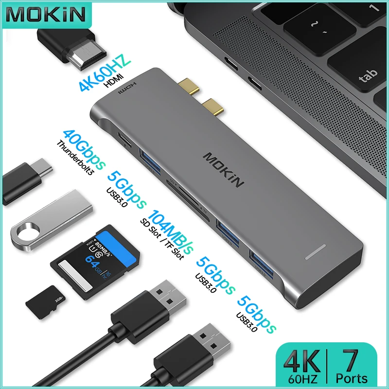 Mokin Docking Station 7 In 2 Per Macbook Air/Pro, Ipad E Laptop Thunderbolt - Porte Usb 3.0, Hdmi 4K60Hz, Sd, Tf, Thunderbolt
