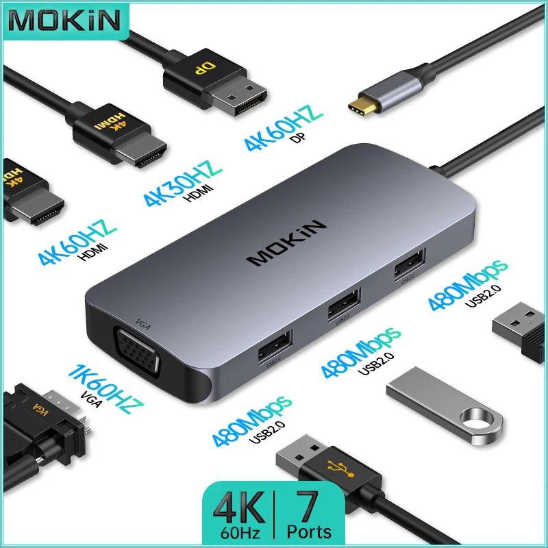 Hub Usb C Mokin 7-In-1: Usb C A 2 Hdmi + Vga, Dp, 3 Usb 2.0 Per Mac, Ipad, Laptop Per Mac, Ipad, Laptop Thunderbolt