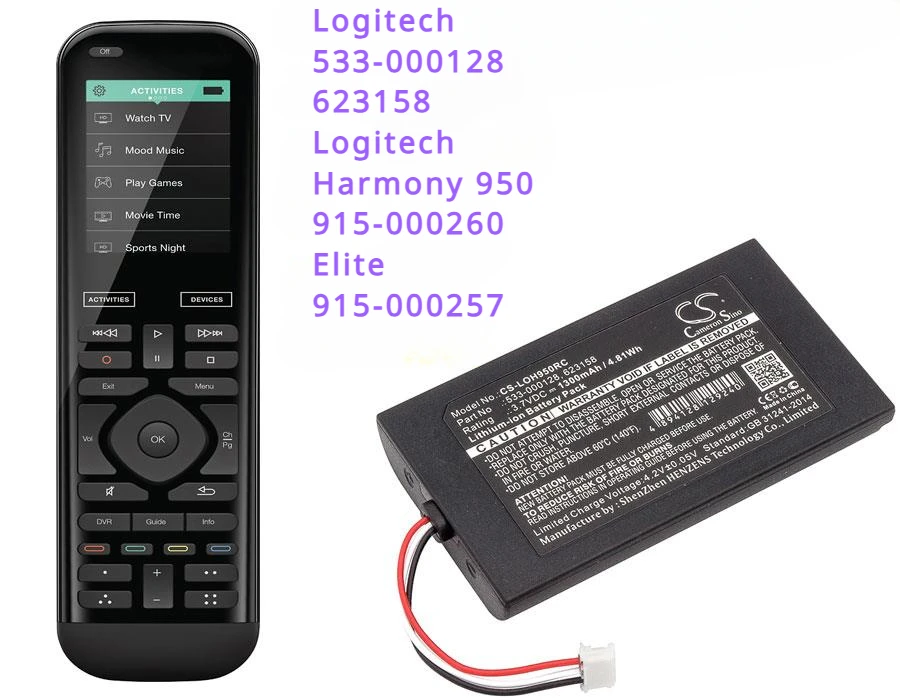 Batteria 1300Mah 533-000128, 623158 Per Logitech 915-000257, 915-000260, Elite, Harmony 950