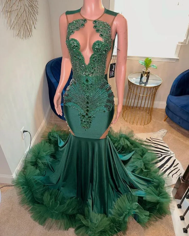 Hunter Green Luxury Long Evening Birthday Gala Dress For Black Girl Sparkly Crystal Beaded Prom Cerimonia Dress Robe Bal Soirée